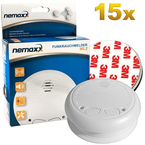 Nemaxx 15x  WL2 Funkrauchmelder Rauchmelder Brandmelder Set Funk koppelbar vernetzt nach EN 14604 + 15x  NX1 Quickfix Magnetbefestigung