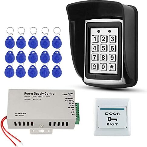 FSTW FST Kit Sistema di Controllo Accessi Impermeabile Esterno Tastiera RFID in Metallo + Alimentatore DC2V + Pulsante di Uscita Porta + 5pcs Chiavi EM400 (Senza Serratura)