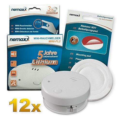 Nemaxx 12 FL2 – Mini rilevatore di fumo e incendio, di alta qualità e discreto, con batteria al litio – a norma DIN EN 14604 NX1 Quickfix Pad di fissaggio, 12er-Set
