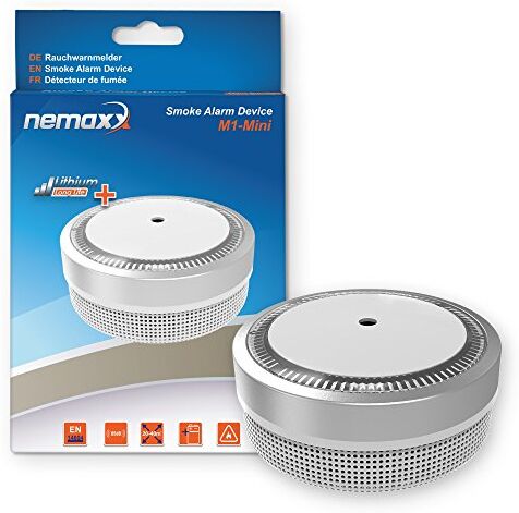 Nemaxx 12x  M1-Mini Rilevatore du fumo argento sensibilità fotoelettrica con certificazione VdS e con batería al litio tipo DC3V conforme la norma DIN EN14604 & VdS + 12x NX1 Fissaggio magnetico