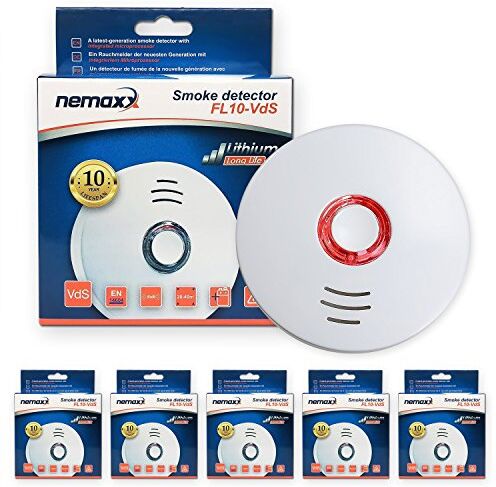 Nemaxx FL10-VdS 5x Rilevatore di fumo e incendio, con batteria al litio di durata 10 anni