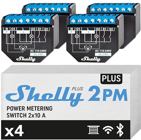 Shelly Plus 2PM Set di 4 interruttori a doppio relè Smart Home, controllo digitale tramite App gratuita e Wi-Fi, funziona con Alexa e Google Home, per porte del garage e tapparelle