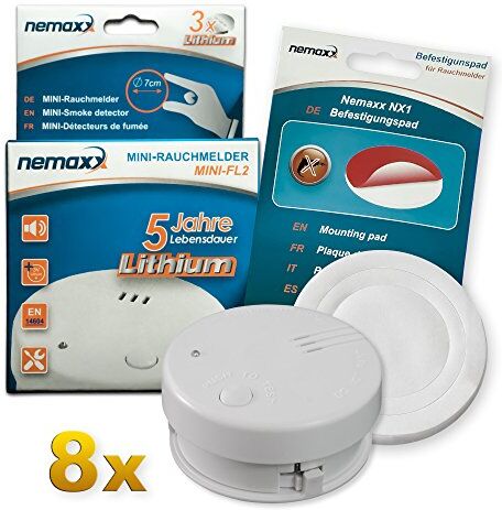 Nemaxx 8 FL2 – Mini rilevatore di fumo e incendio, di alta qualità e discreto, con batteria al litio – a norma DIN EN 14604 NX1 Quickfix pad di fissaggio, 8er-Set