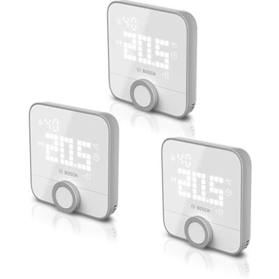 Bosch Termostato ambiente II Smart Home per sistemi di riscaldamento cablati, 230 V, compatibile con Google Assistant e Alexa, set da 3 pezzi Bosch Termostato ambiente II Smart Home per sistemi di riscaldamento cablati, 230 V, compatibile con Google Assistant e Alexa, set da 3 pezzi