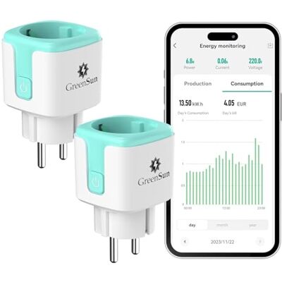 GreenSun Presa Smart WiFi PV Energia Bidirezionale Alexa Timer Ciano 2PC Set da 2 prese smart per monitorare energia PV e gestire da remoto dispositivi con Smart Life/Tuya, Alexa e timer. GreenSun Presa Smart WiFi PV Energia Bidirezionale Alexa Timer Ciano 2PC Set da 2 prese smart per monitorare energia PV e gestire da remoto dispositivi con Smart Life/Tuya, Alexa e timer.