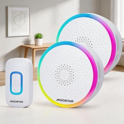Aigostar campanello senza fili, Campanello Wireless Impermeabile IP55 da Esterno, Campanello Wireless RGB, Portata 150M, 5 Livelli Volume 60 Melodie, Bianco, 1 Trasmettitore+2 Ricevitor Aigostar campanello senza fili, Campanello Wireless Impermeabile IP55 da Esterno, Campanello Wireless RGB, Portata 150M, 5 Livelli Volume 60 Melodie, Bianco, 1 Trasmettitore+2 Ricevitor