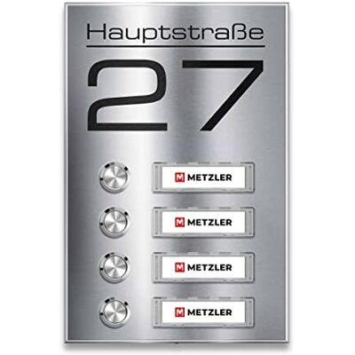 Metzler campanello wireless da parete per condomini – acciaio inox V2A – incisione inclusa (nome strada) – targhetta e illuminazione pulsante selezionabili – 4 unità Tara M4 Metzler campanello wireless da parete per condomini – acciaio inox V2A – incisione inclusa (nome strada) – targhetta e illuminazione pulsante selezionabili – 4 unità Tara M4