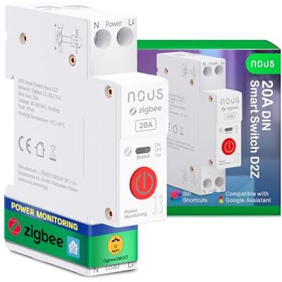 NOUS Interruttore DIN Zigbee , Interruttore Intelligente da 20A con Monitoraggio Energetico, Compatibile con Zigbee2MQTT, Home Assistant, Alexa e Google Home, Telecomando App, Controllo Vocale NOUS Interruttore DIN Zigbee , Interruttore Intelligente da 20A con Monitoraggio Energetico, Compatibile con Zigbee2MQTT, Home Assistant, Alexa e Google Home, Telecomando App, Controllo Vocale