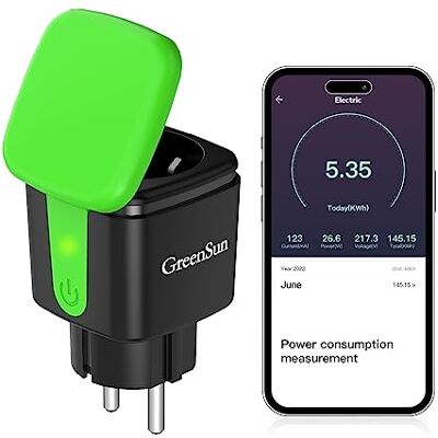 GreenSun Presa WiFi per Esterno, Compatibile con Alexa e Google Home Voice Control, Misurazione del consumo di energia, Telecomando APP, funzione timer, impermeabile IP44 GreenSun Presa WiFi per Esterno, Compatibile con Alexa e Google Home Voice Control, Misurazione del consumo di energia, Telecomando APP, funzione timer, impermeabile IP44