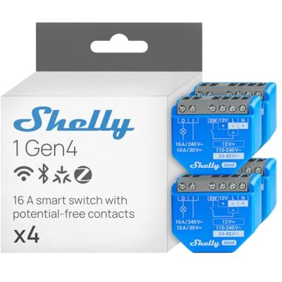 Shelly 1 Gen4 Interruttore Relè Intelligente Wi-Fi, 1 Canale, 16A, Contatti Puliti, Domotica, Controllo Porta Garage, Nessun Hub Richiesto, Matter, Alexa, Google, HomeKit, Zigbee (4 Pezzi) Shelly 1 Gen4 Interruttore Relè Intelligente Wi-Fi, 1 Canale, 16A, Contatti Puliti, Domotica, Controllo Porta Garage, Nessun Hub Richiesto, Matter, Alexa, Google, HomeKit, Zigbee (4 Pezzi)
