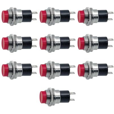 Electron 10x Pulsante NA normalmente aperto ⌀14mm, tasto rosso, unipolare, rotondo, tondo, foro montaggio 12mm M12, fissaggio a vite con ghiera, da pannello, 12V 220V 1A, contatti a saldare, micro, mini, NO Electron 10x Pulsante NA normalmente aperto ⌀14mm, tasto rosso, unipolare, rotondo, tondo, foro montaggio 12mm M12, fissaggio a vite con ghiera, da pannello, 12V 220V 1A, contatti a saldare, micro, mini, NO