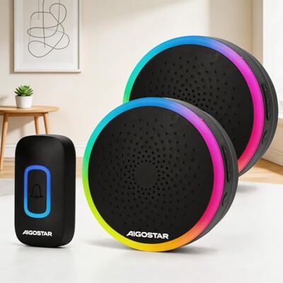 Aigostar campanello senza fili, Campanello Wireless Impermeabile IP55 da Esterno, Campanello Wireless RGB, Portata 150M, 5 Livelli Volume 60 Melodie, Nero, 1 Trasmettitore+2 Ricevitor Aigostar campanello senza fili, Campanello Wireless Impermeabile IP55 da Esterno, Campanello Wireless RGB, Portata 150M, 5 Livelli Volume 60 Melodie, Nero, 1 Trasmettitore+2 Ricevitor