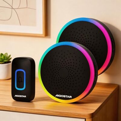Aigostar campanello senza fili, Campanello Wireless Impermeabile IP55 da Esterno, Campanello Wireless RGB, Portata 150M, 5 Livelli Volume 60 Melodie, Nero, 1 Trasmettitore+2 Ricevitor Aigostar campanello senza fili, Campanello Wireless Impermeabile IP55 da Esterno, Campanello Wireless RGB, Portata 150M, 5 Livelli Volume 60 Melodie, Nero, 1 Trasmettitore+2 Ricevitor