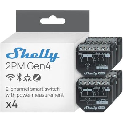 Shelly 2PM Gen4 Interruttore Relè Intelligente Wi-Fi, 2 Canali, 16A, Monitora il Consumo di Energia, Tapparelle, Nessun Hub Richiesto, Certificato Matter, Alexa, Google, HomeKit, Zigbee (4 Pezzi) Shelly 2PM Gen4 Interruttore Relè Intelligente Wi-Fi, 2 Canali, 16A, Monitora il Consumo di Energia, Tapparelle, Nessun Hub Richiesto, Certificato Matter, Alexa, Google, HomeKit, Zigbee (4 Pezzi)