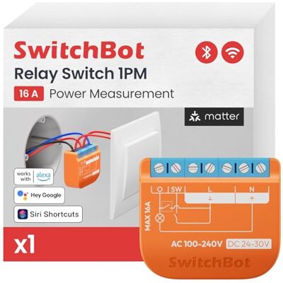 SwitchBot Smart Relay Switch 1PM, Intelligente con Ripetitore Bluetooth Integrato, Interruptore Wi-Fi & Bluetooth Compatibile con Alexa/Apple HomeKit/Google Home/Matter(Hub Necessario), 2.4GHz, 16A SwitchBot Smart Relay Switch 1PM, Intelligente con Ripetitore Bluetooth Integrato, Interruptore Wi-Fi & Bluetooth Compatibile con Alexa/Apple HomeKit/Google Home/Matter(Hub Necessario), 2.4GHz, 16A