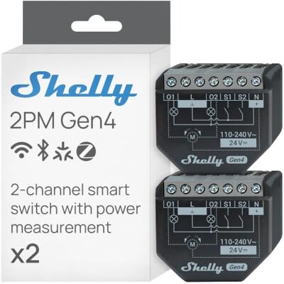 Shelly 2PM Gen4 Interruttore Relè Intelligente Wi-Fi, 2 Canali, 16A, Monitora il Consumo di Energia, Tapparelle, Nessun Hub Richiesto, Certificato Matter, Alexa, Google, HomeKit, Zigbee (2 Pezzi) Shelly 2PM Gen4 Interruttore Relè Intelligente Wi-Fi, 2 Canali, 16A, Monitora il Consumo di Energia, Tapparelle, Nessun Hub Richiesto, Certificato Matter, Alexa, Google, HomeKit, Zigbee (2 Pezzi)