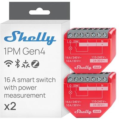 Shelly 1PM Gen4 Interruttore Relè Intelligente Wi-Fi, 1 Canale, 16A, Monitora il Consumo di Energia, Domotica, Nessun Hub Richiesto, Certificato Matter, Alexa, Google, HomeKit, Zigbee (2 Pezzi) Shelly 1PM Gen4 Interruttore Relè Intelligente Wi-Fi, 1 Canale, 16A, Monitora il Consumo di Energia, Domotica, Nessun Hub Richiesto, Certificato Matter, Alexa, Google, HomeKit, Zigbee (2 Pezzi)