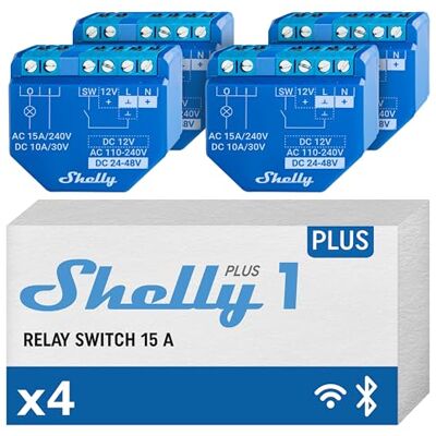 Shelly Plus 1, Interruttore Relè Intelligente, WiFi e Bluetooth, Domotica, Alexa e Google Home, App iOS Android, Telecomando per l'Apertura della Porta del Garage (4 pezzi), Blu Shelly Plus 1, Interruttore Relè Intelligente, WiFi e Bluetooth, Domotica, Alexa e Google Home, App iOS Android, Telecomando per l'Apertura della Porta del Garage (4 pezzi), Blu
