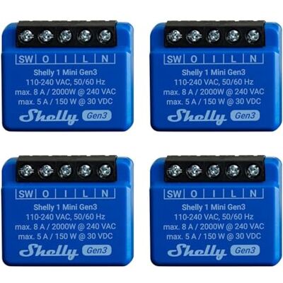 Shelly 1 Mini Gen 3 Confezione da 4 WiFi e Bluetooth Smart Switch 1 canale 8A Domestico Compatibile con Alexa e Google Home App iOS/Android Contatti asciutti Shelly 1 Mini Gen 3 Confezione da 4 WiFi e Bluetooth Smart Switch 1 canale 8A Domestico Compatibile con Alexa e Google Home App iOS/Android Contatti asciutti