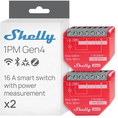 Shelly 1PM Gen4 Interruttore Relè Intelligente Wi-Fi, 1 Canale, 16A, Monitora il Consumo di Energia, Domotica, Nessun Hub Richiesto, Certificato Matter, Alexa, Google, HomeKit, Zigbee (2 Pezzi) Shelly 1PM Gen4 Interruttore Relè Intelligente Wi-Fi, 1 Canale, 16A, Monitora il Consumo di Energia, Domotica, Nessun Hub Richiesto, Certificato Matter, Alexa, Google, HomeKit, Zigbee (2 Pezzi)