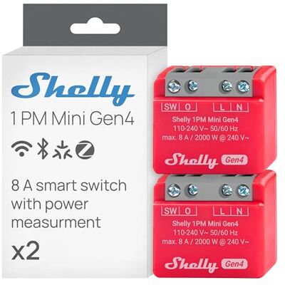 Shelly 1PM Mini Gen4 Interruttore Relè Intelligente Wi-Fi, 1 Canale, 8A, Monitora il Consumo di Energia, Domotica, Nessun Hub Richiesto, Certificato Matter, Alexa, Google, HomeKit, Zigbee (2 Pezzi) Shelly 1PM Mini Gen4 Interruttore Relè Intelligente Wi-Fi, 1 Canale, 8A, Monitora il Consumo di Energia, Domotica, Nessun Hub Richiesto, Certificato Matter, Alexa, Google, HomeKit, Zigbee (2 Pezzi)