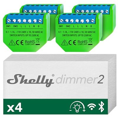 Shelly Dimmer 2, Interruttore Varialuce Wi-Fi, Dimmer con Cavo 10-220 W per LED, Incadescenza, Alogene Dimmerabile, Nessun Neutro richiesto, Alexa e Google Home, App iOS Android (4 pezzi) Shelly Dimmer 2, Interruttore Varialuce Wi-Fi, Dimmer con Cavo 10-220 W per LED, Incadescenza, Alogene Dimmerabile, Nessun Neutro richiesto, Alexa e Google Home, App iOS Android (4 pezzi)