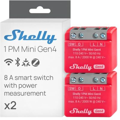 Shelly 1PM Mini Gen4 Interruttore Relè Intelligente Wi-Fi, 1 Canale, 8A, Monitora il Consumo di Energia, Domotica, Nessun Hub Richiesto, Certificato Matter, Alexa, Google, HomeKit, Zigbee (2 Pezzi) Shelly 1PM Mini Gen4 Interruttore Relè Intelligente Wi-Fi, 1 Canale, 8A, Monitora il Consumo di Energia, Domotica, Nessun Hub Richiesto, Certificato Matter, Alexa, Google, HomeKit, Zigbee (2 Pezzi)