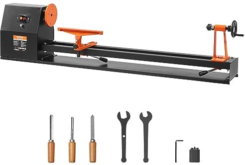 VEVOR Tornio per Legno da Banco 0,5 HP 370 W di Potenza Tornio Elettrico per Legno, 4 Velocità Regolabili 885/1245/1715/2425 giri/min 350 x 970 mm, con Scalpello Piastra Frontale Chiave Esagonale ecc