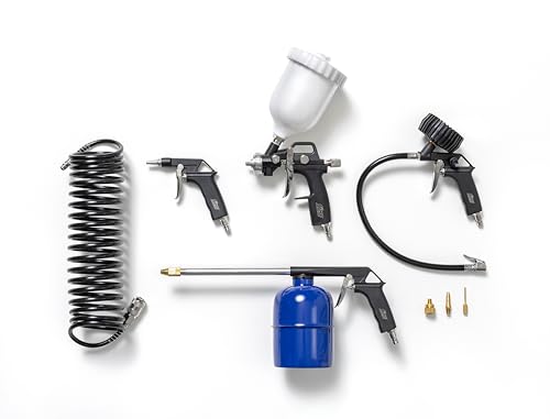 FIAC Kit Accessori per Compressore 8 Pezzi, Inclusi Gonfiagomme con Manometro, Pistola di Soffiaggio, Aerografo, Pistola Lavaggio, Tubo a Spirale 5m, 3 Punte di Gonfiaggio, Max. 8 Bar, Nero