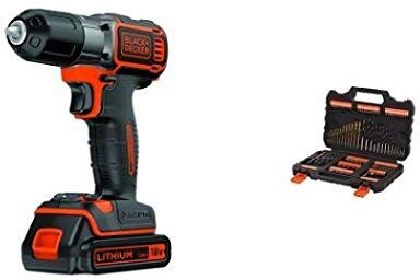 Black & Decker ASD184KB-QW Trapano Avvitatore Autosense, con Doppia Batteria, 18 V, al Litio, 1.5 Ah, Valigetta, Arancione + A7200-XJ Titanium Set per Forare ed Avvitare, 109 Pezzi