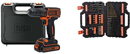 Black & Decker BDCDC18K-QW Trapano Avvitatore, 18 V, al Litio, 1.5 Ah, Valigetta, Arancione + A7200-XJ Titanium Set per Forare ed Avvitare, 109 Pezzi