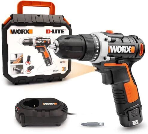 WORX Avvitatore a Batteria 12V 2.0Ah, Mandrino 10 mm, con Impugnatura Ergonomica in Gomma, Velocità Variabili per scegliere tra Velocità o Potenza, Compatto e Leggero