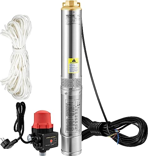 VEVOR Pompa d'Acqua Sommergibile 550W Flusso 50L/min in Acciaio Inox, per Pozzi Profondi 230V Prevalenza Max. 89m, con Interruttore di Pressione