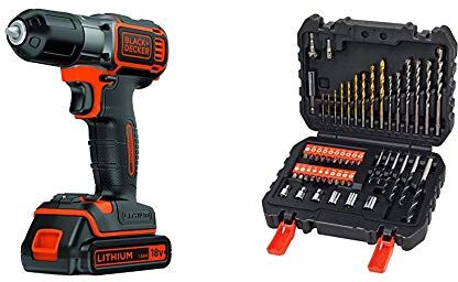 Black & Decker ASD184KB-QW Trapano Avvitatore Autosense, con Doppia Batteria, 18 V, al Litio, 1.5 Ah, Valigetta, Arancione + A7188-XJ Set per Forare ed Avvitare, 50 Pezzi