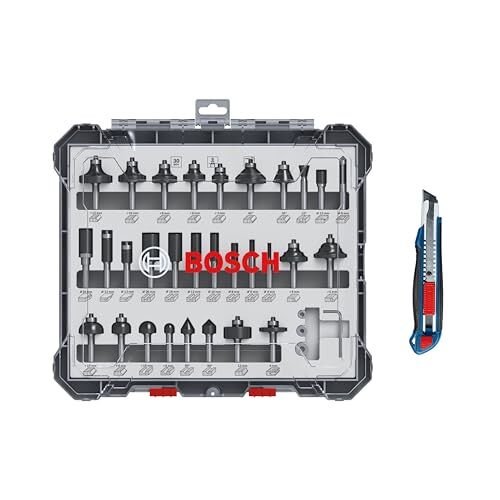 Bosch Set di frese professionali DIN EN-847 con gambo da 8 mm, 30 pezzi + taglierino  18 mm, lama inclusa