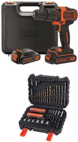 Black & Decker BDCHD18KB-QW Trapano/Avvitatore a Percussione, con Doppia Batteria al Litio, 18 V, 1.5 Ah, Valigetta, Nero/Arancione + A7188-XJ Set per Forare ed Avvitare, 50 Pezzi