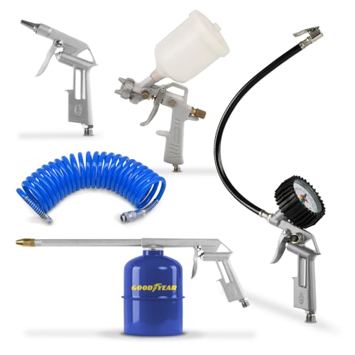 Goodyear Kit aria per compressore professionale 5 pezzi (pistola a soffiaggio, pistola a olio, pistola a vernice, pistola a gonfiaggio, tubo a spirale)
