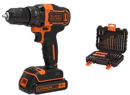 Black & Decker BDCDD186K-QW Trapano Avvitatore, a 2 Velocità Meccaniche, 18 V, al Litio, 1.5 Ah, in Valigetta + A7188-XJ Set 50 Pezzi per Forare ed Avvitare