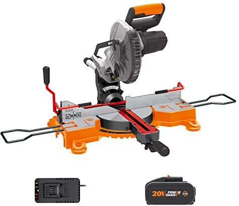 WORX Ingletatrice 216 mm EXTRAHAND 20 V    PowerShare   -1 batterie 4,0 Ah   Avvio progressivo, sistema di morsetti, guida taglio laser, freno elettrico