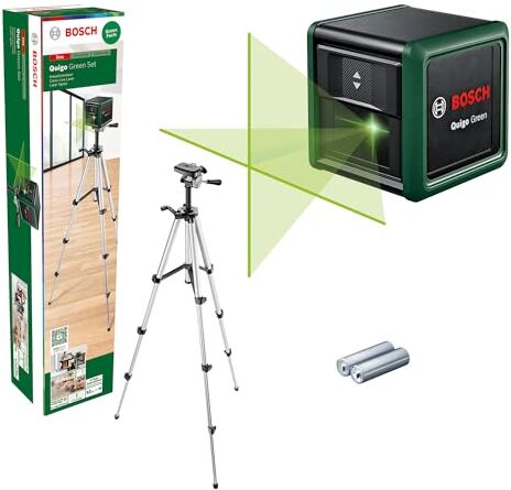 Bosch livella laser a croce Quigo Green con treppiede (laser verde per una migliore visibilità, involucro in plastica riciclata, in cartone)