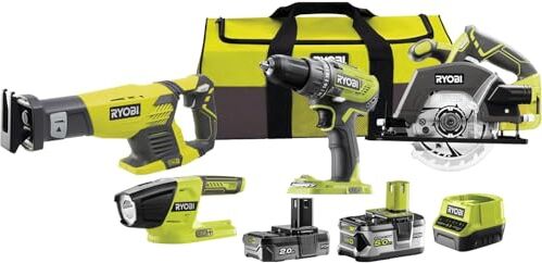 Ryobi R18CK4-252S, Kit di Utensili da 4 pezzi 18V One+, Trapano Avvitatore + Sega Circolare + Sega Diritta + Lampada Led, 1 Batteria 5.0Ah e 1 Batteria 2.0Ah + Caricabatterie 2.0A