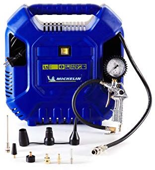 Michelin Compressore d'Aria Portatile MB1, Compressore Aria Oil-Free con Tubo Flessibile 1m, Pistola di Gonfiaggio con Manometro Certificata CE e 6 Ugelli, Pressione Massima 8 Bar, Potenza 1.5 CV