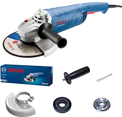 Bosch Smerigliatrice Angolare a Filo Gws 2200 J (Diam. Disco 230 Mm, Motore 2.200 W, Incl. Impugn. Supplem., Cuffia Protez., Chiave a Due Perni, Flangia Rinforzo e Dado di Serraggio)