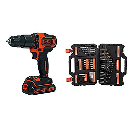 Black & Decker BDCHD18-QW Trapano Avvitatore a Percussione, 18 V al Litio, 1.5 Ah + A7200-XJ Titanium Set per Forare ed Avvitare, 109 Pezzi