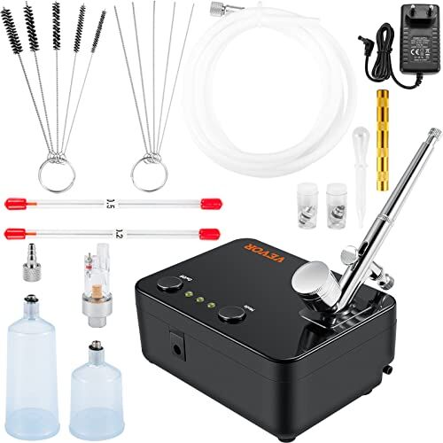 VEVOR Kit Compressore a Doppia Azione, Pistola Aerografo Velocità del Flusso ≥10 L/min con Kit Accessori Completi, Utilizzo per Pittura di Modelli, Artigianato, Decorazione di Torte, Grafica per Auto