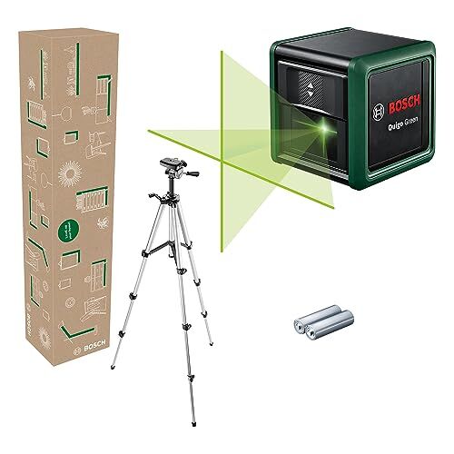 Bosch livella laser a croce Quigo Green con treppiede (laser verde per una migliore visibilità, involucro in plastica riciclata, in scatola di cartone E-Commerce)