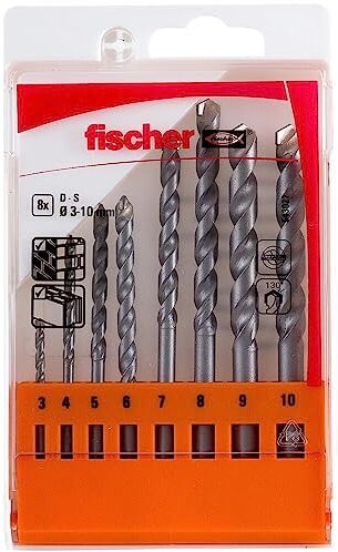 Fischer Set 8 Punte Trapano D-S PMN, Diametro 3-4-5-6-7-8-9-10 mm, Punte al Carburo, Attacco Cilindrico, per Muro Pieno e Mattoni Forati,