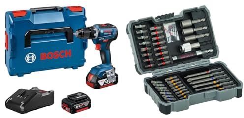 Bosch GSR 18V-55 Avvitatore a batteria (2 batterie, in L-Boxx) + Set da 43 Pz. Bit di avvitamento Extra Hard (PH-, PZ-, HEX-, T-, TH-, S-Bit, Accessori)