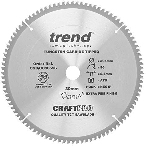 TREND Lama per sega circolare CraftPro TCT a gancio negativo, diametro 305 mm x 96 denti x foro 30 mm, punta in carburo di tungsteno,