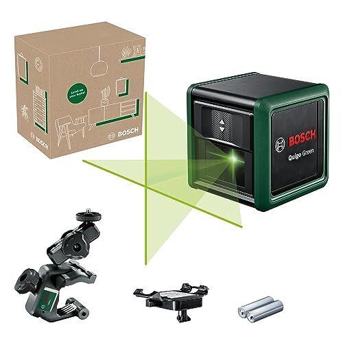 Bosch livella laser a croce Quigo Green con morsetto snodabile MM 2 (laser verde per una migliore visibilità, involucro in plastica riciclata, in scatola di cartone E-Commerce)